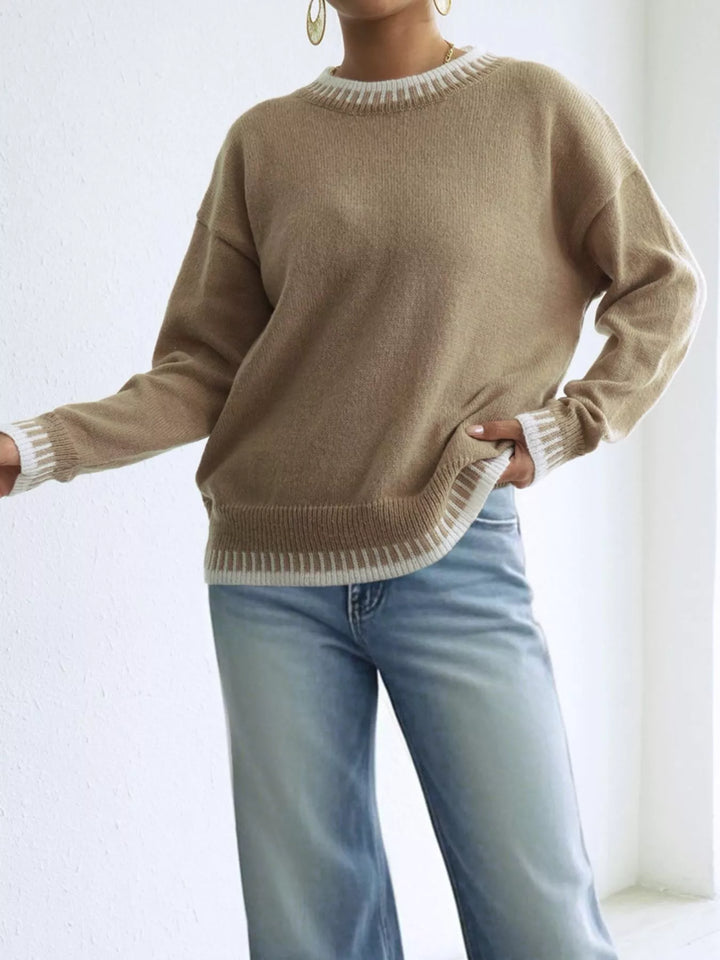 Contrast whipstitch trim drop shoulder crew neck sweater