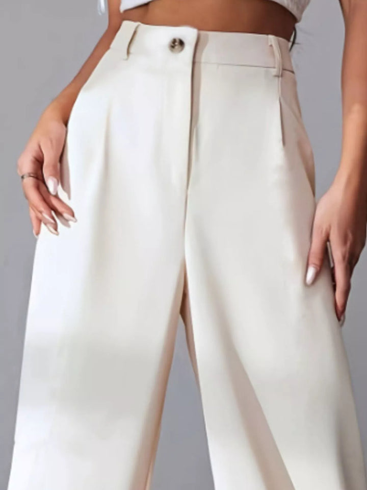 High-rise wide-leg pleated pants with button waist
