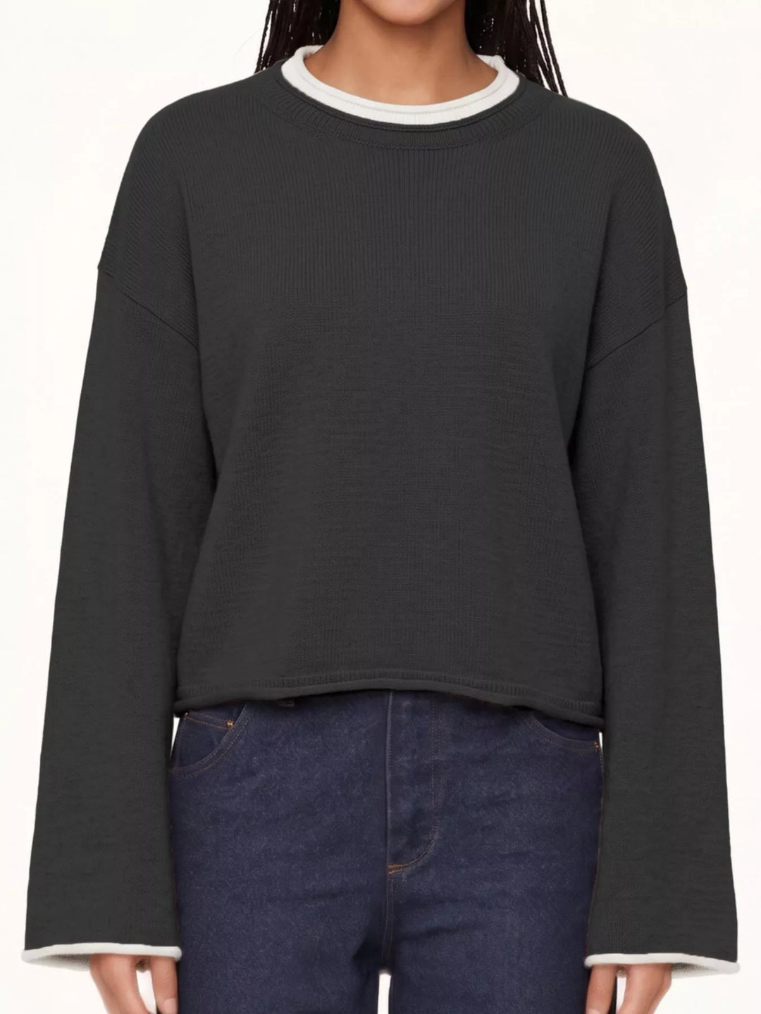Black Drop shoulder crew neck sweater with contrast trim