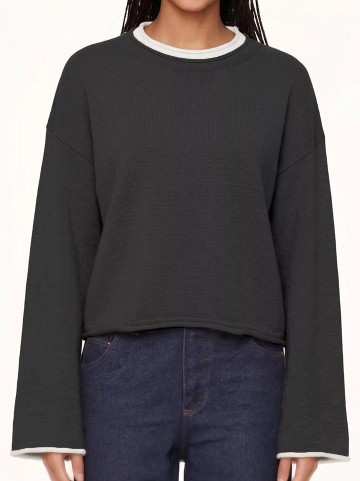 Black Drop shoulder crew neck sweater with contrast trim