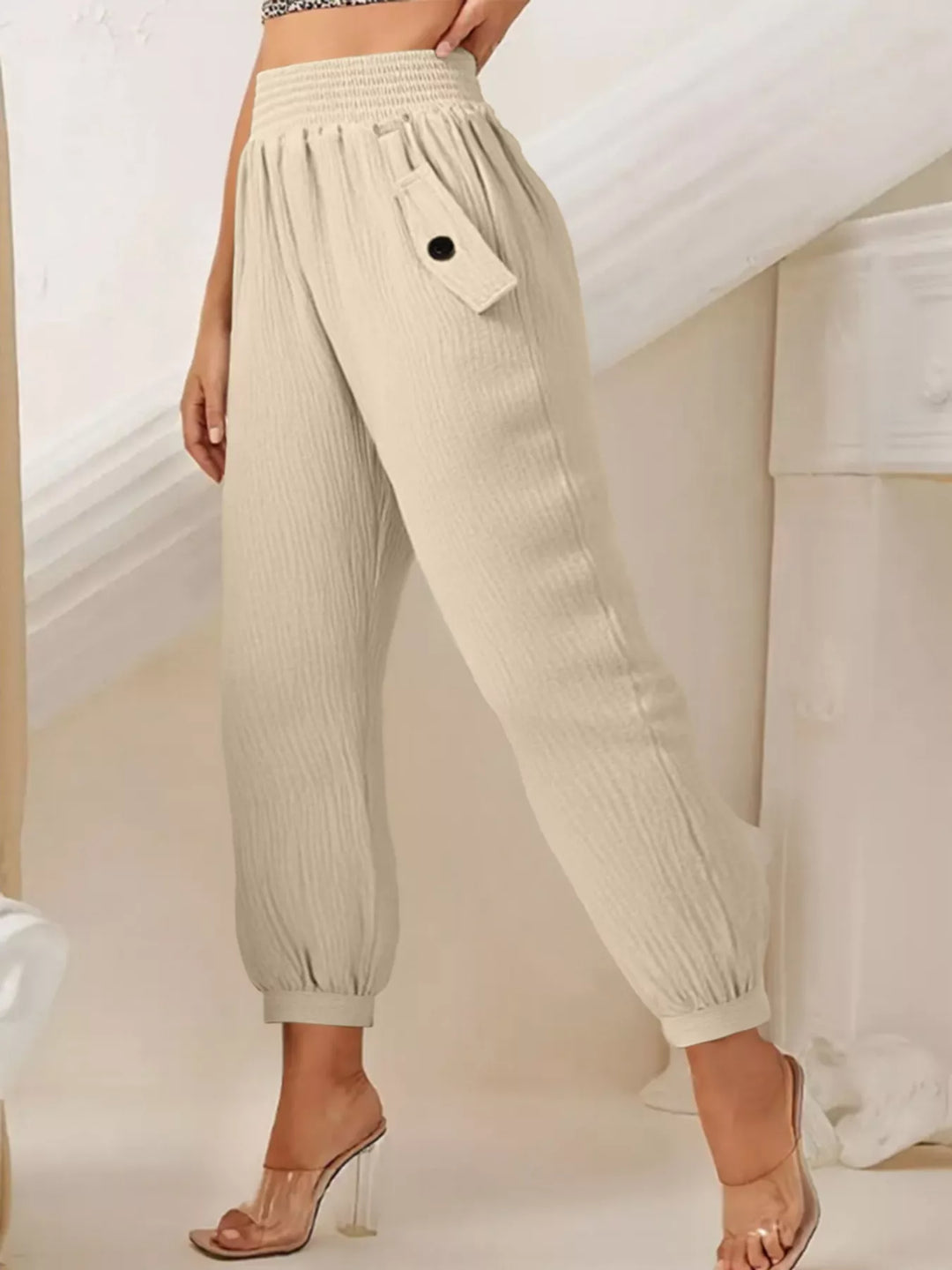 Wide-leg smocked waist casual pants in textured weave