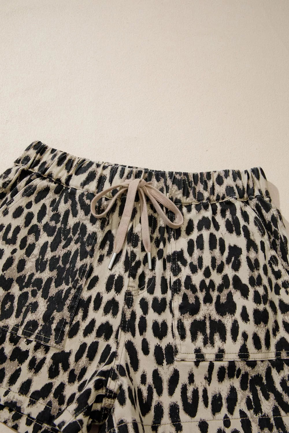 Leopard print drawstring elastic waist denim shorts