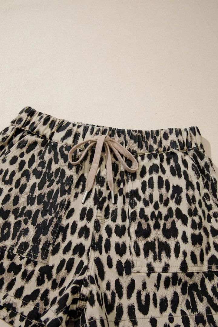 Leopard print drawstring elastic waist denim shorts