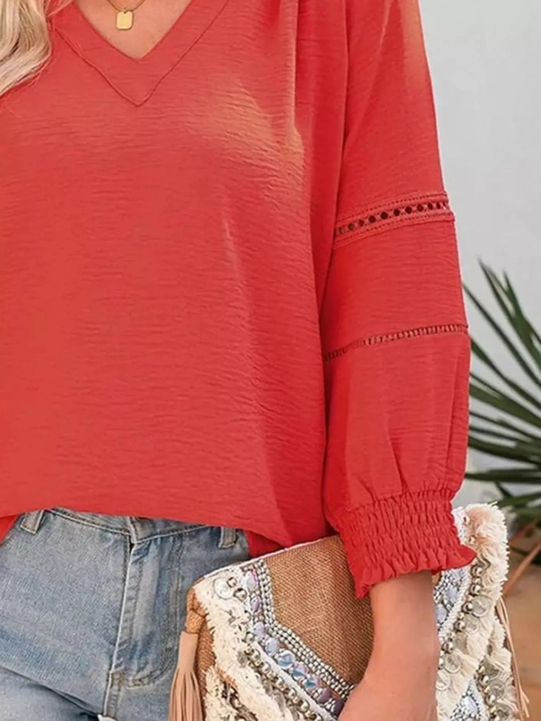 Openwork lace trim blouse with smocked cuffs and split neck