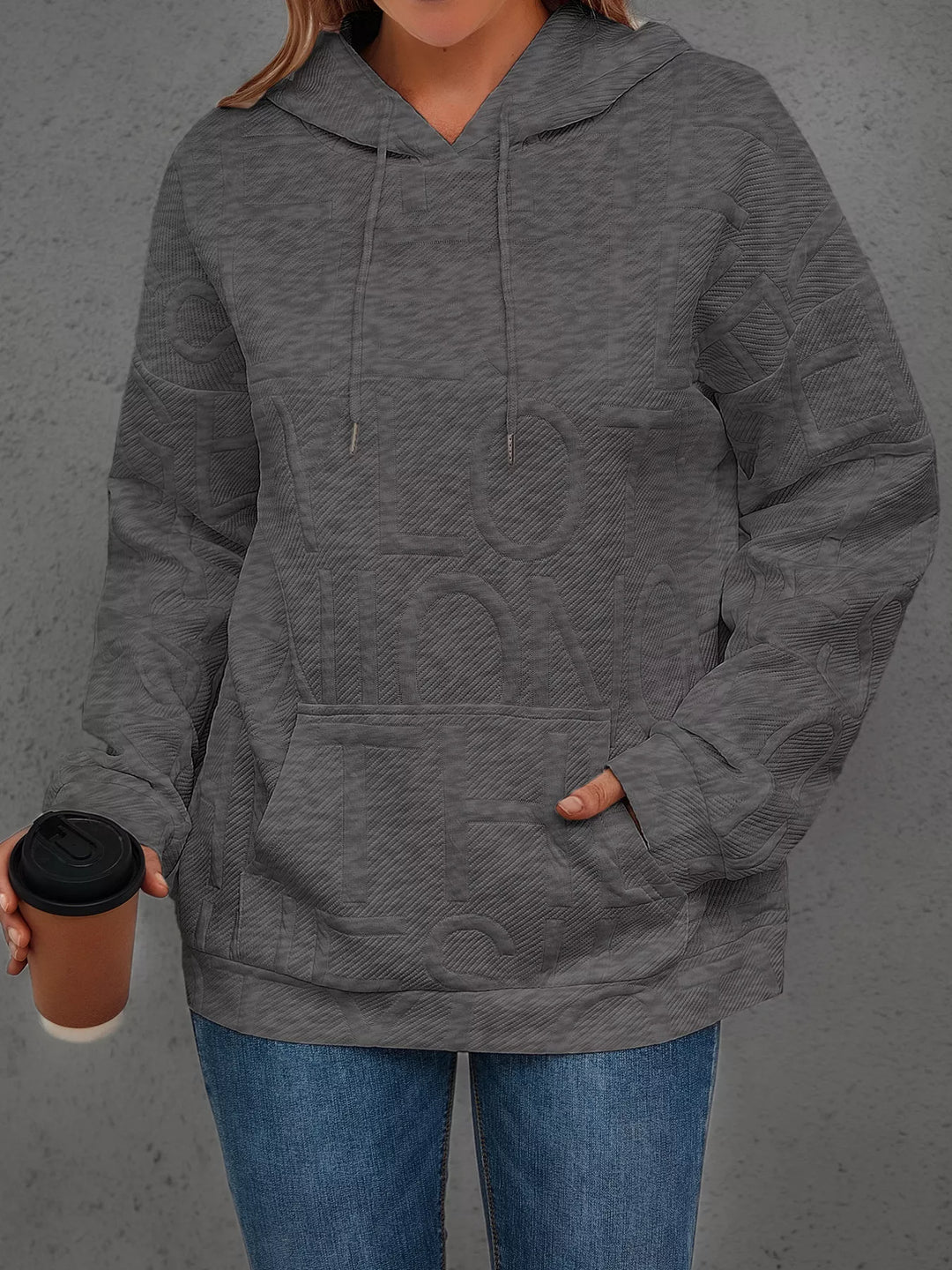 Textured embossed letter pullover hoodie with front pocket