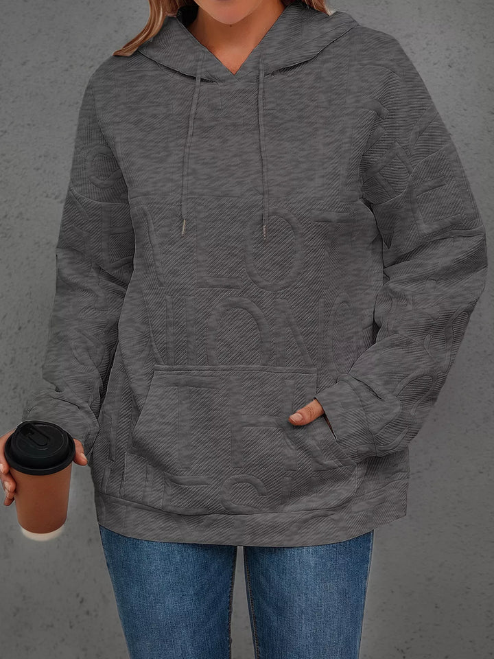 Textured embossed letter pullover hoodie with front pocket