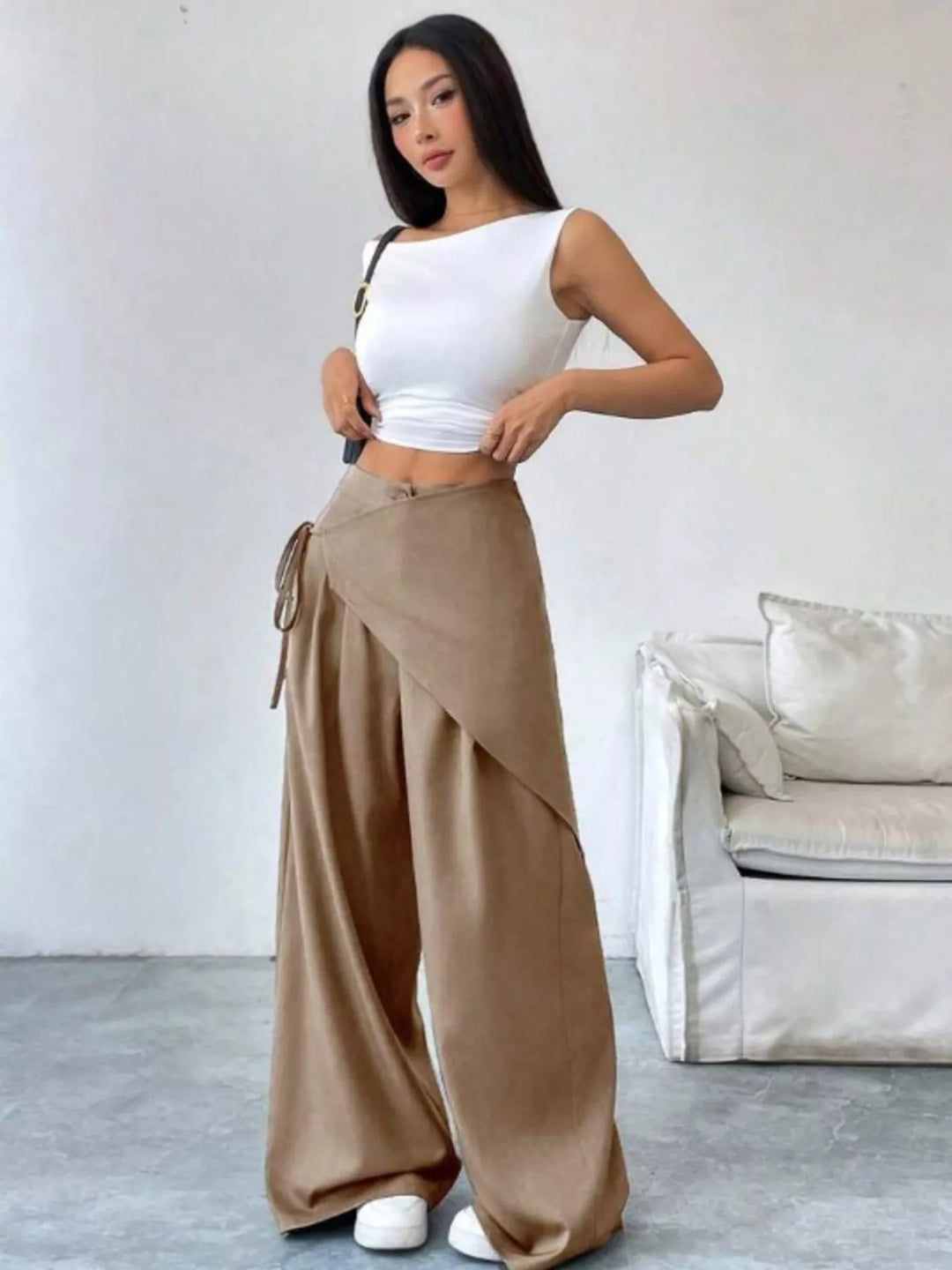 High-rise wrap-front wide-leg pants with drawstring tie