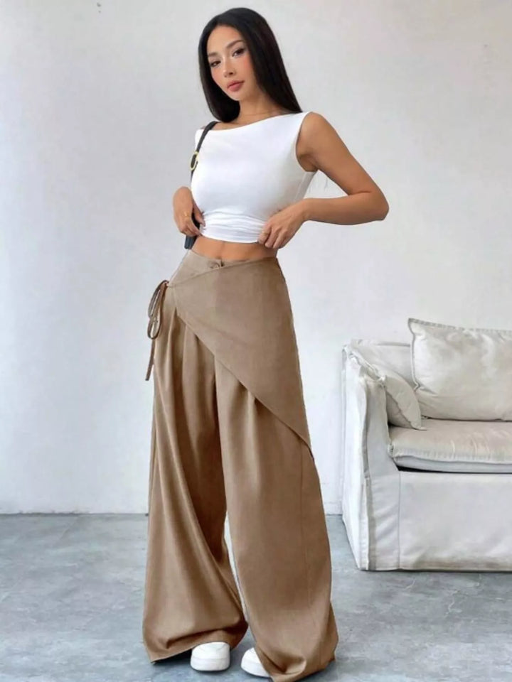 High-rise wrap-front wide-leg pants with drawstring tie
