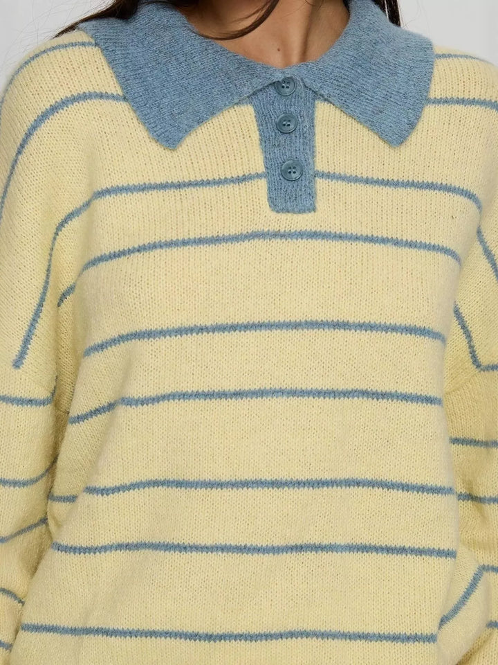 Relaxed striped knit polo sweater with contrast collar