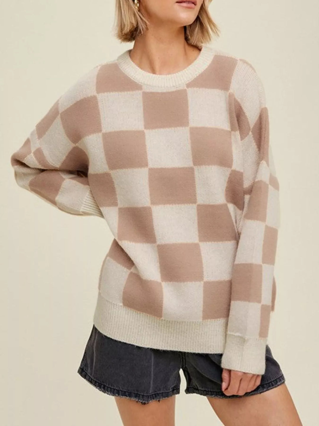 Camel Checkered knit crewneck sweater with ribbed trim