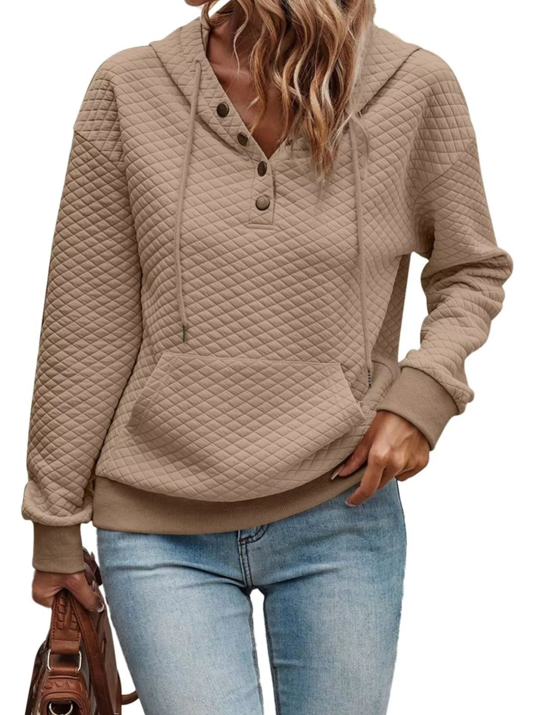 Khaki Diamond-textured drawstring pullover hoodie with button placket