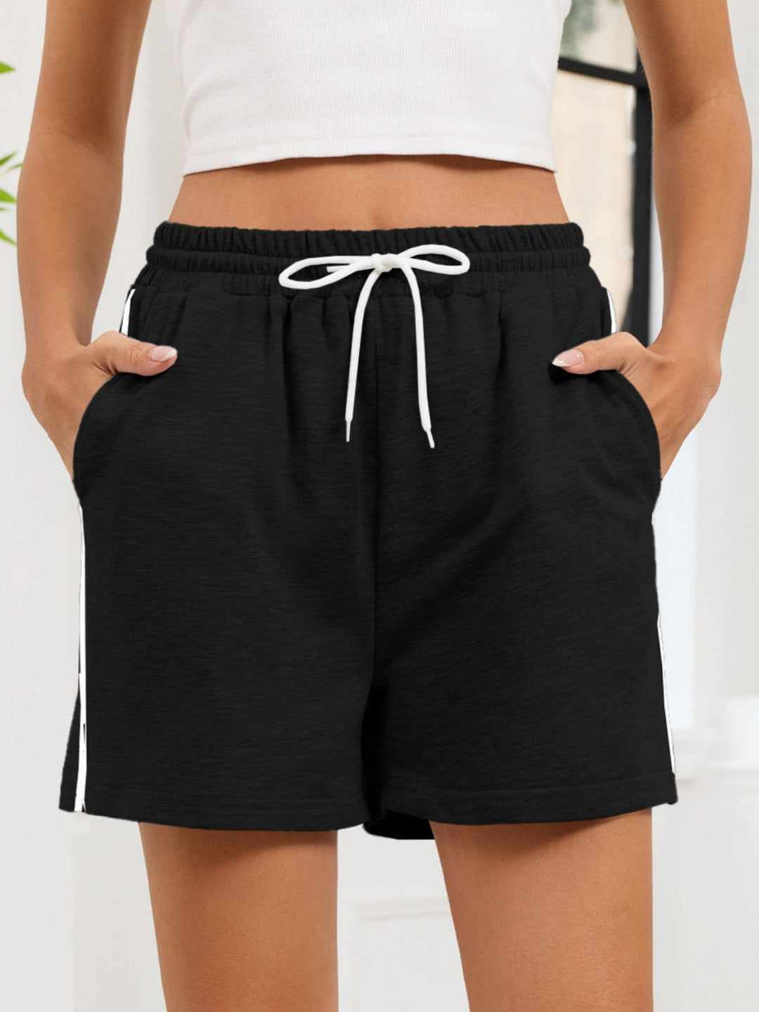 Black Side-stripe drawstring lounge shorts with pockets