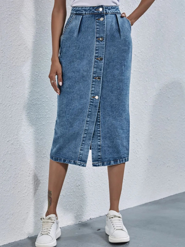 Light Pleated high-rise button-front denim midi skirt with pockets