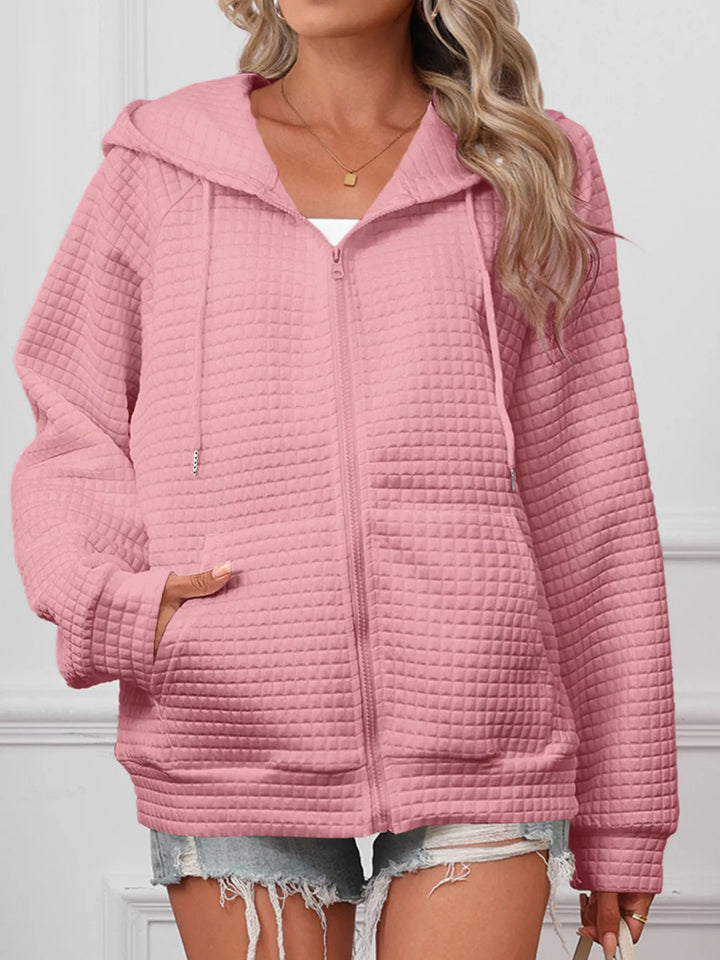 Textured quilted zip-up hooded jacket with pockets