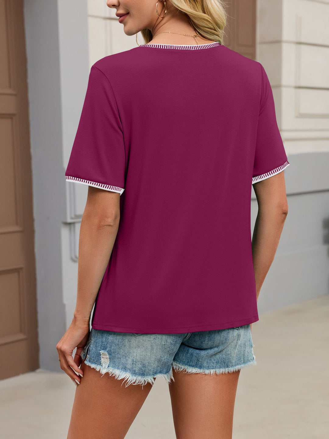 Contrast whipstitch trim short sleeve top with pintucks