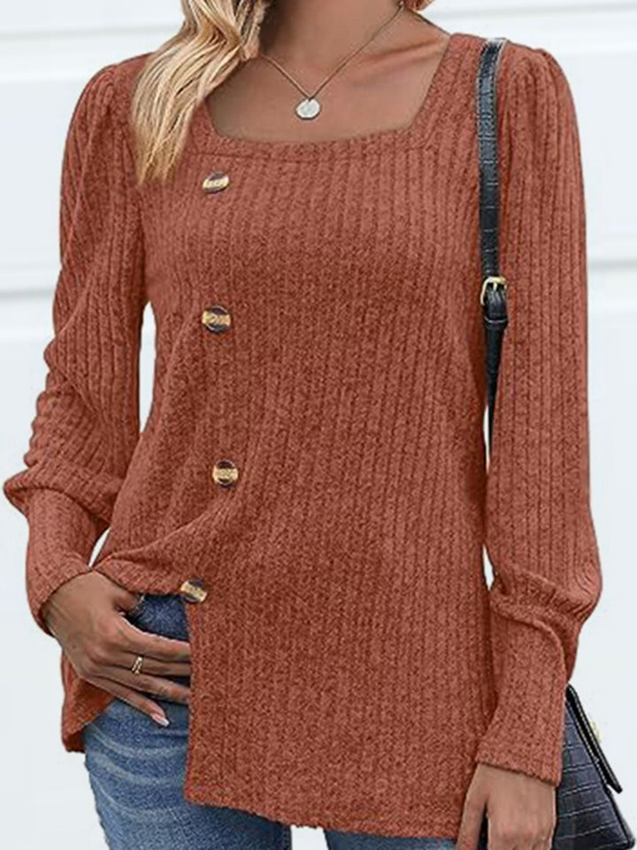 Ribbed knit square neck top with decorative buttons