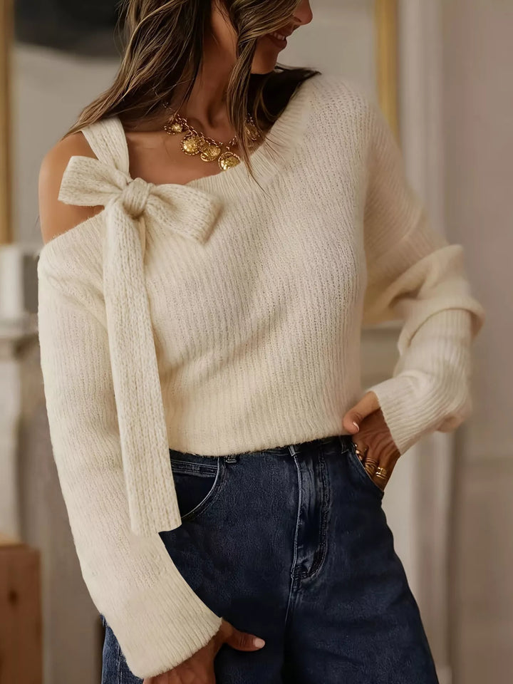 Beige Bow-tie one-shoulder cutout knit sweater