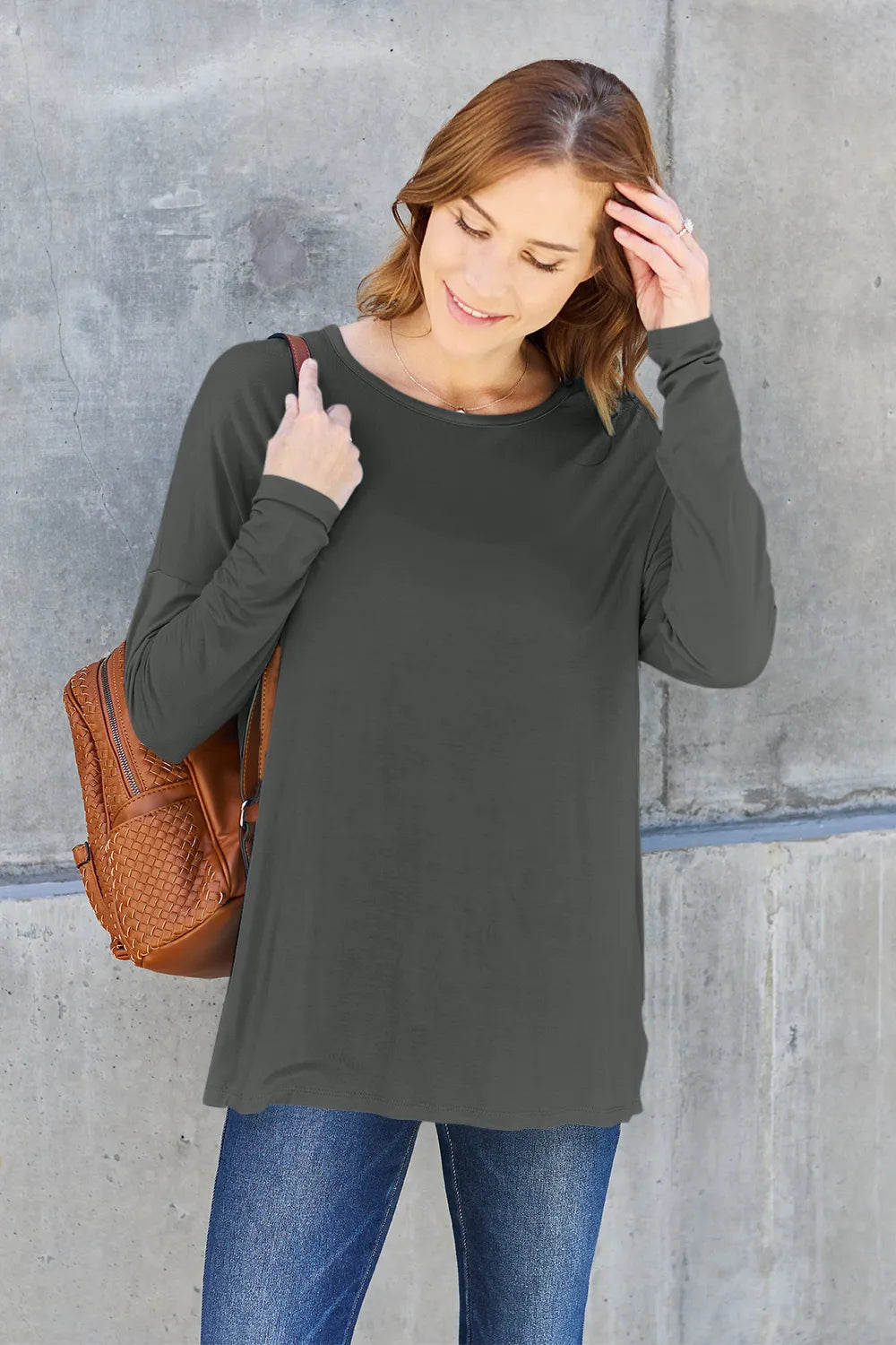 Dark Gray Dropped-shoulder round neck long sleeve knit top