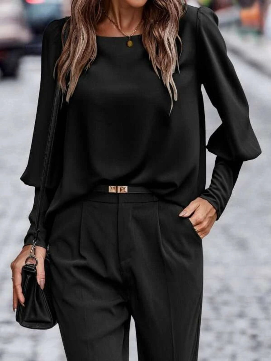 Black Lantern sleeve round neck blouse with puff shoulders