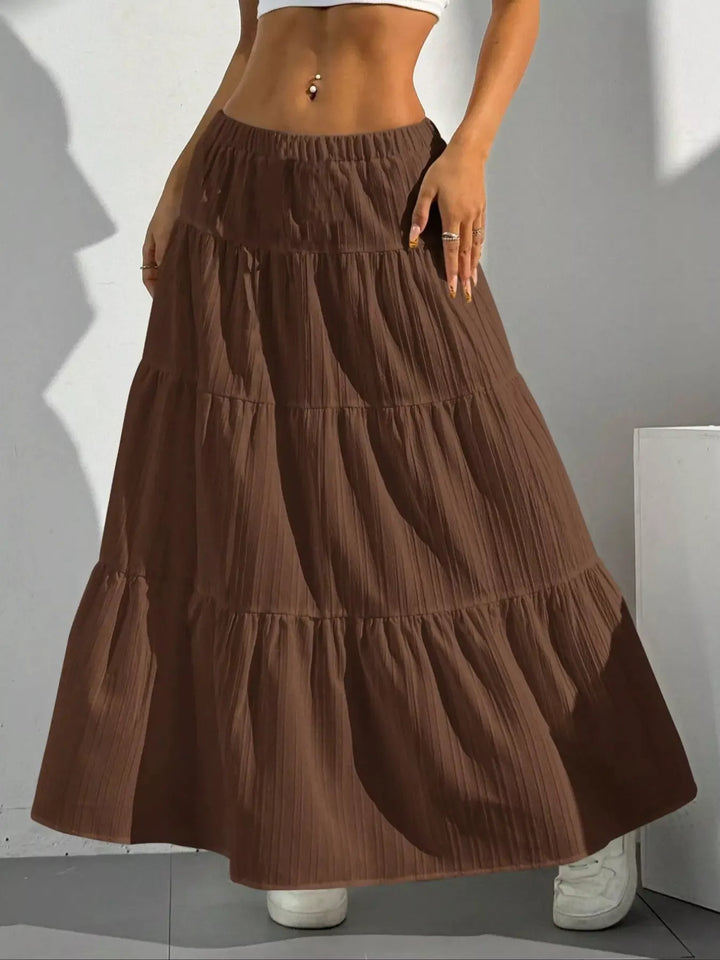Brown Tiered ruched maxi skirt with elastic waist