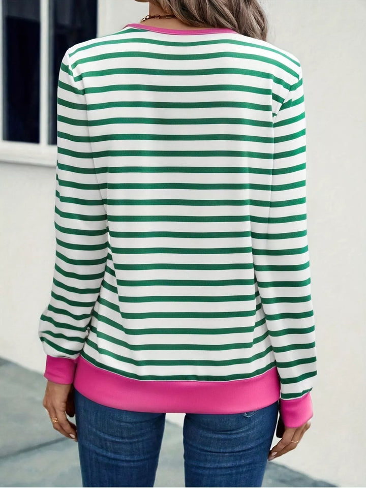 Striped V-neck long sleeve top with contrast trim