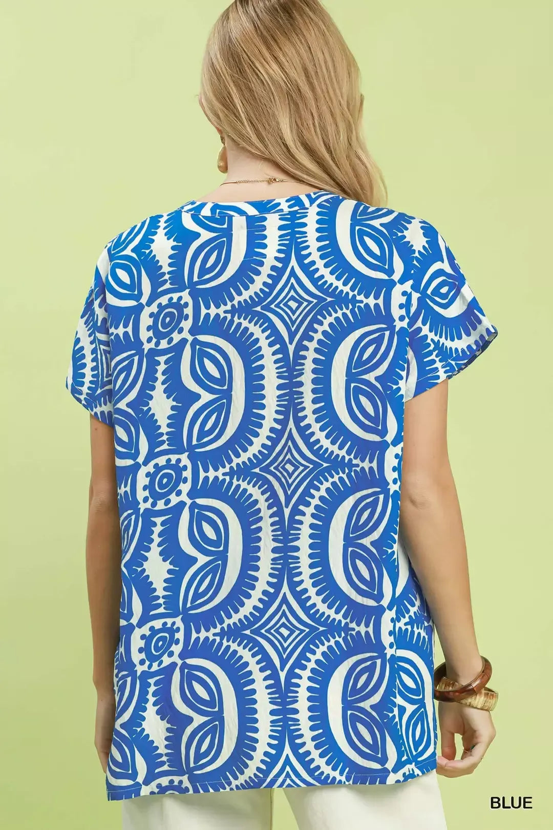 Geometric print split V-neck oversized short sleeve top
