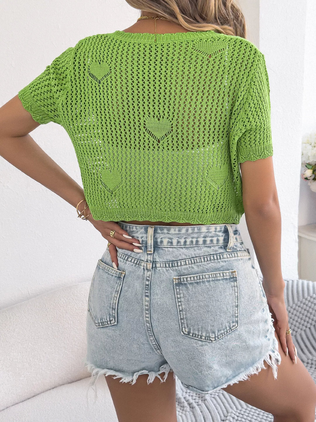 Crochet knit heart-pattern tie-front crop cardigan