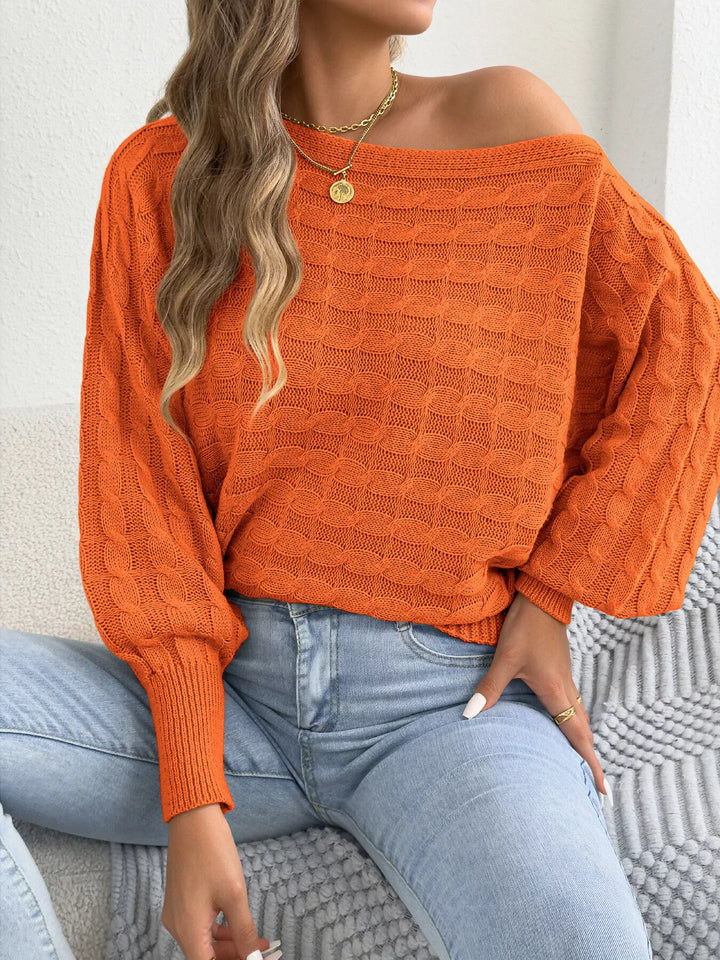 Orange Cable knit boat neck sweater with dolman sleeves