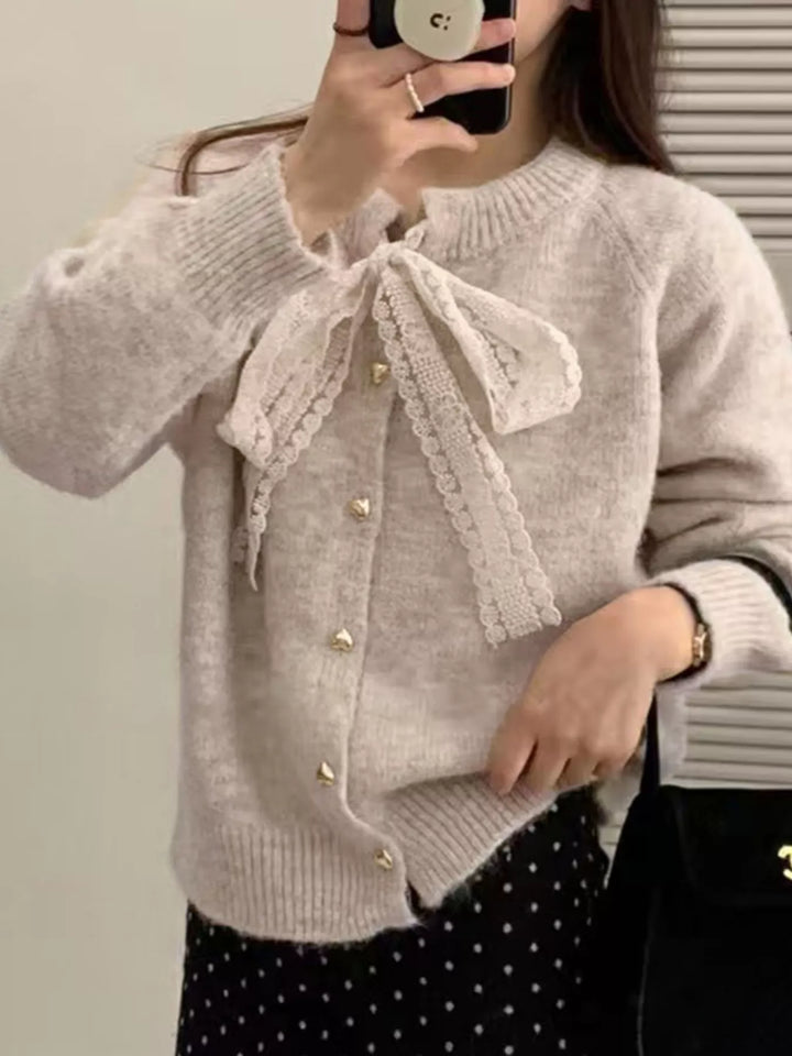 Khaki Lace bow knit cardigan with gold heart buttons
