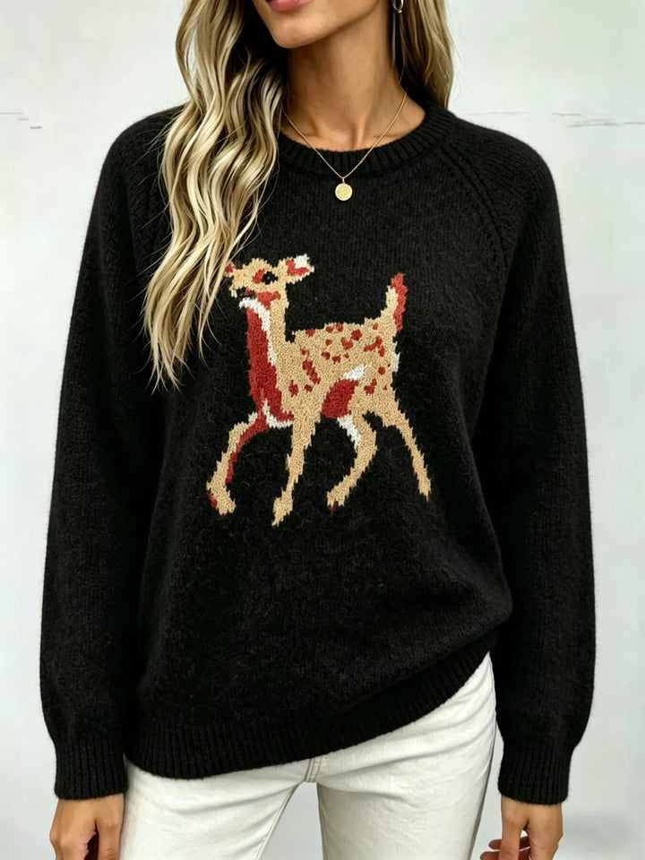 Deer knit raglan sleeve pullover sweater with ribbed trim