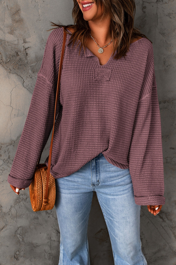 Dusty Purple Waffle knit notched neck drop shoulder top