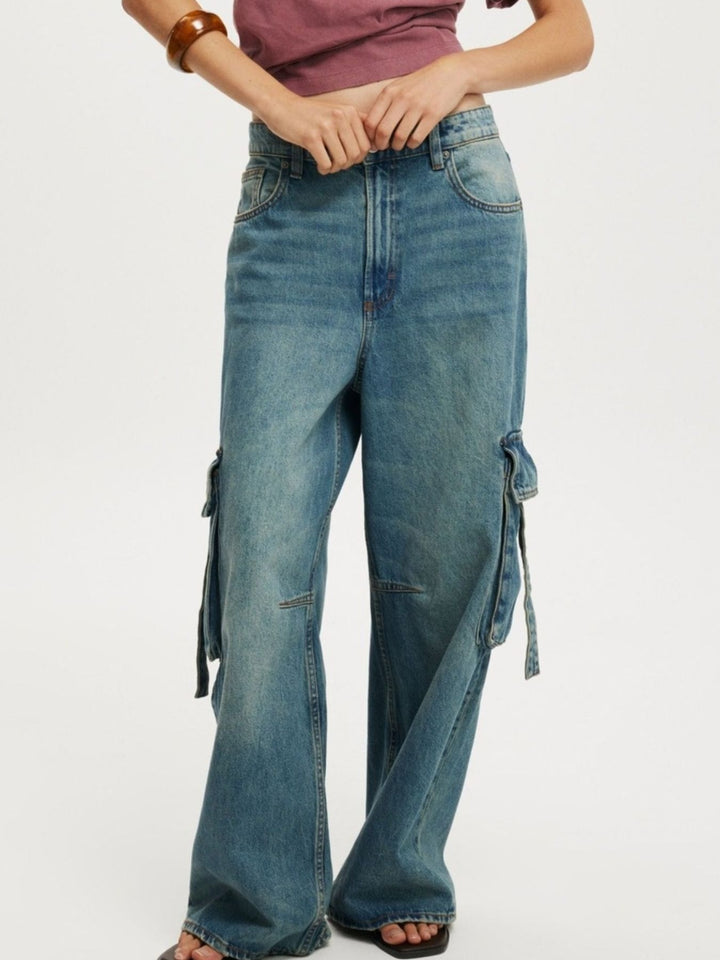 Dark Blue Vintage wash wide-leg cargo jeans with strap pockets