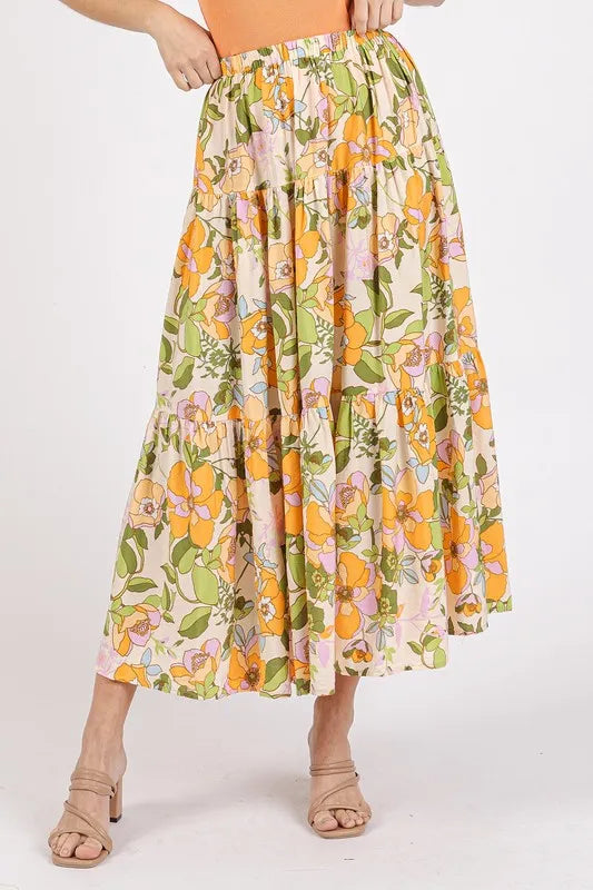 Tangerine Retro floral print tiered midi skirt with elastic waistband