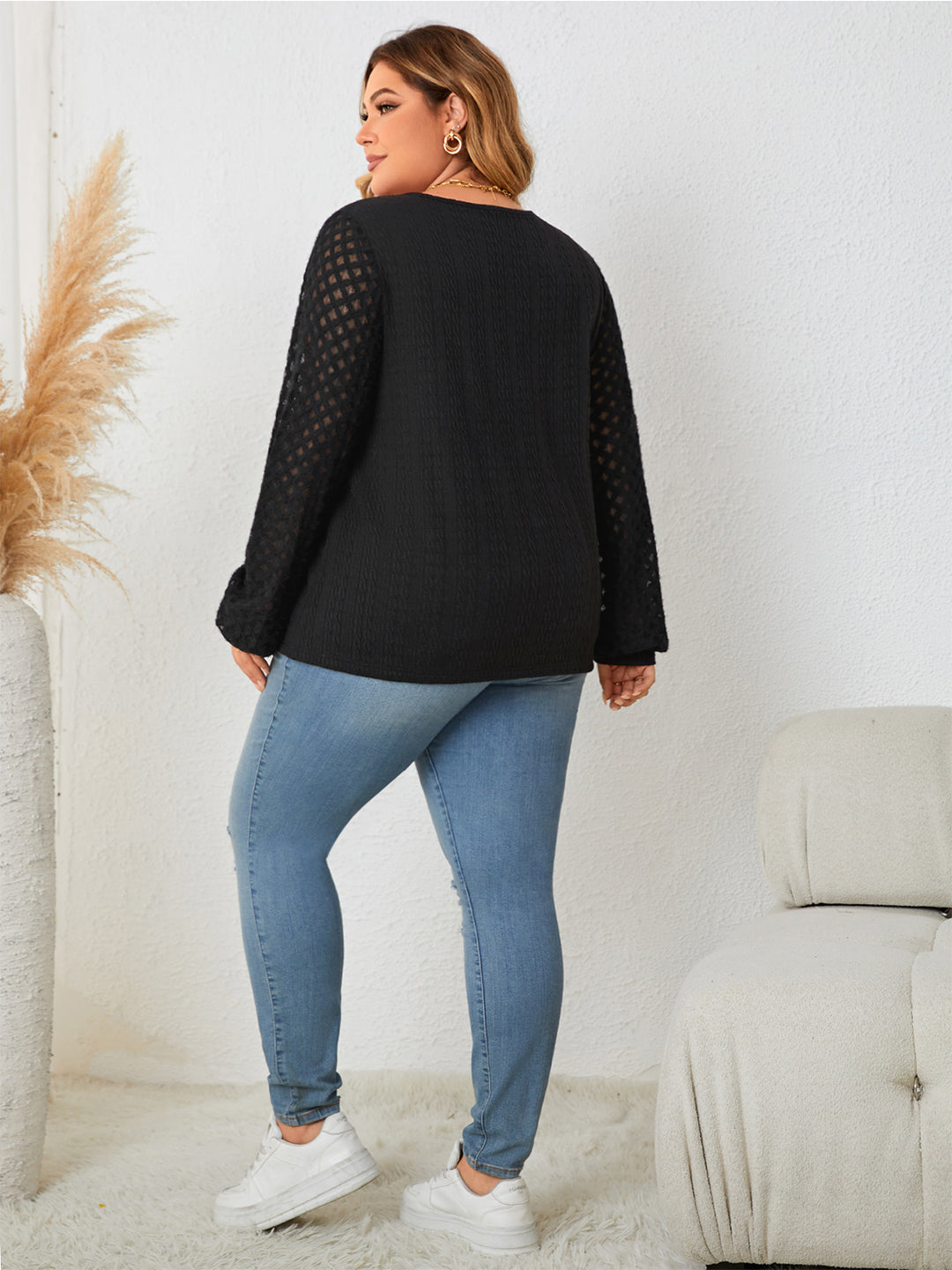 Openwork sleeve notched button-front plus size blouse