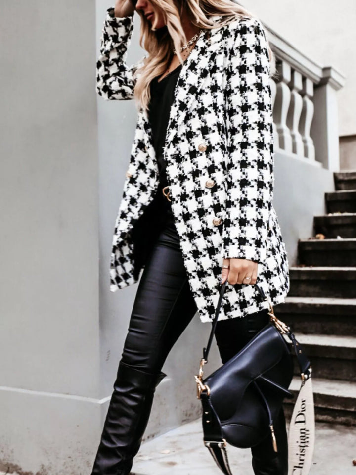 Houndstooth tweed double-breasted blazer coat with gold buttons