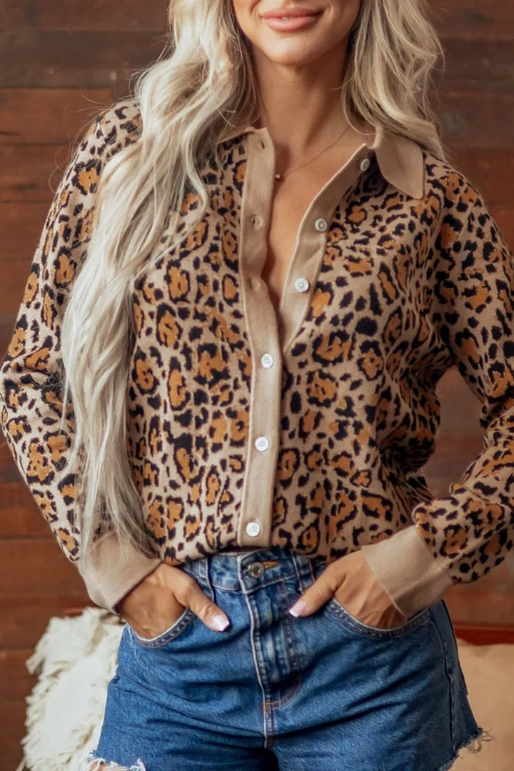 Leopard print collared button-front knit cardigan