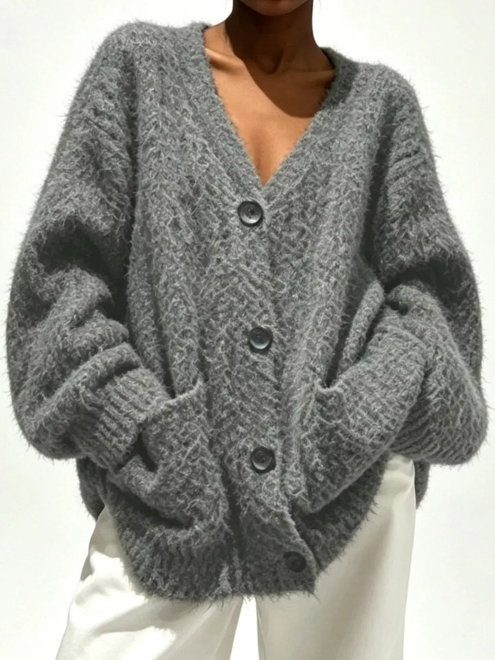 Fuzzy knit V-neck button-down cardigan with patch pockets