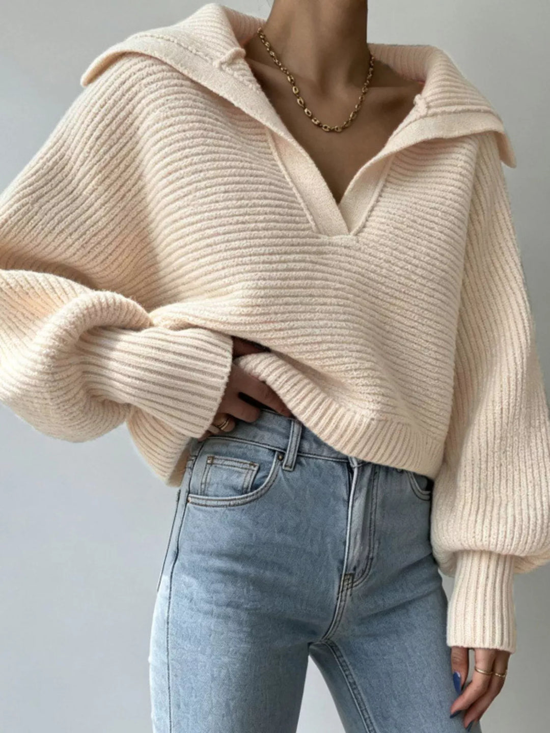 Apricot Ribbed knit cropped sweater with oversized collar
