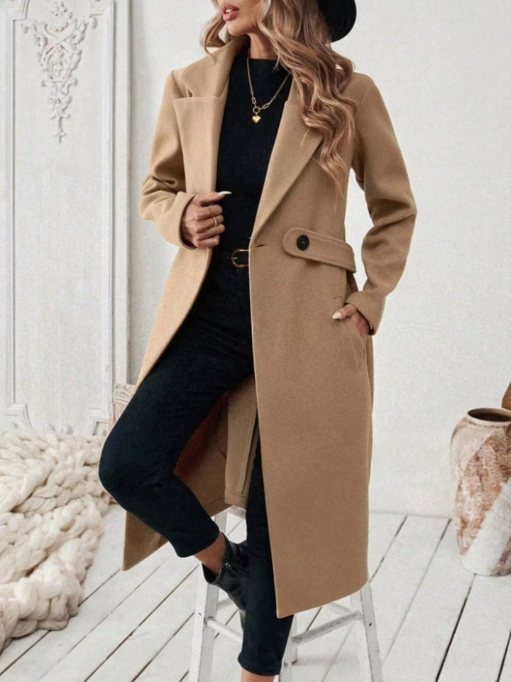 Notched lapel belted longline coat with side pockets
