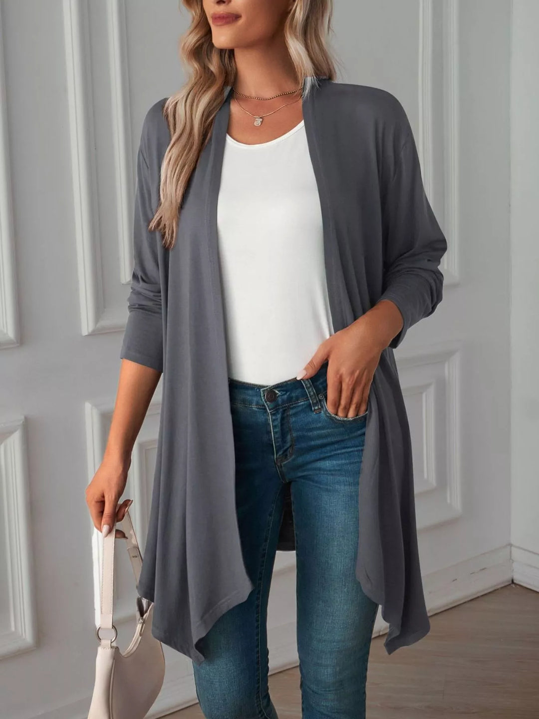 Dark Gray Lightweight open front cardigan with draped waterfall hem