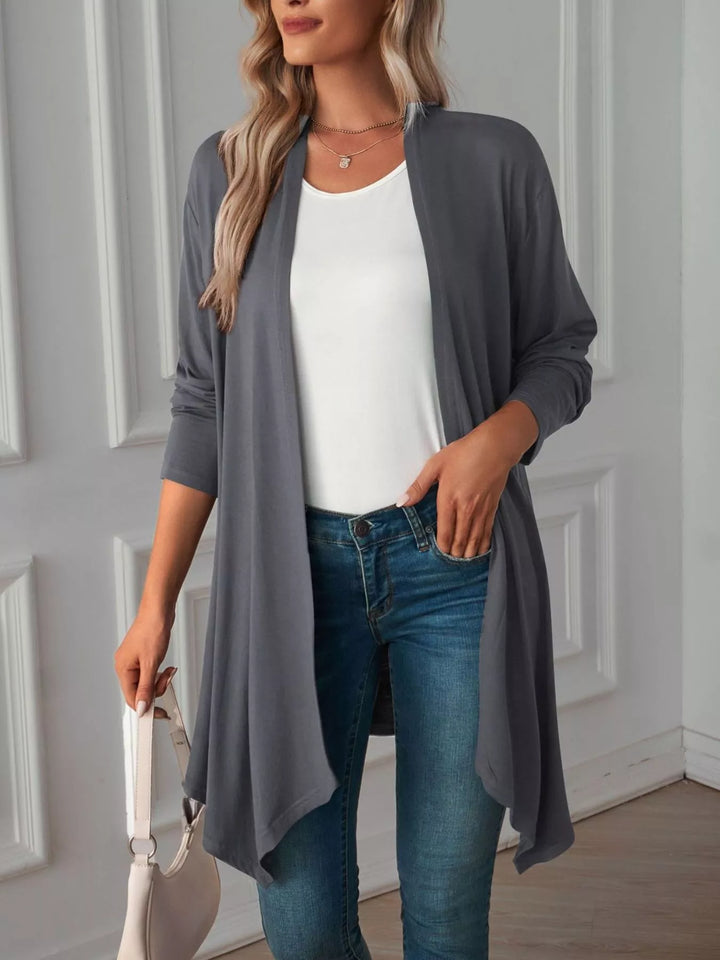 Dark Gray Lightweight open front cardigan with draped waterfall hem