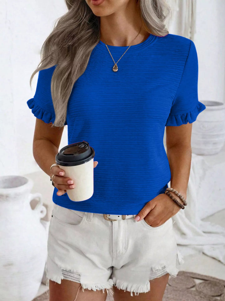 Blue Ruffle-cuff crew neck top with crinkle texture