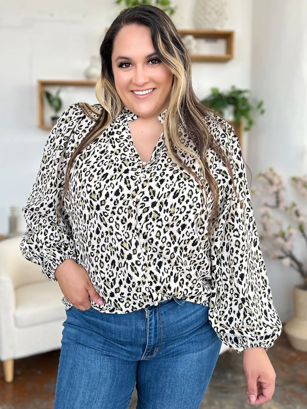 Leopard print button-front long sleeve tunic blouse