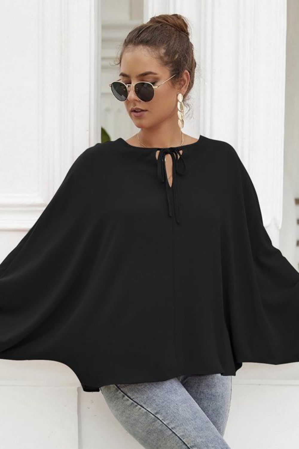 Balloon sleeve tie-neck blouse with keyhole front