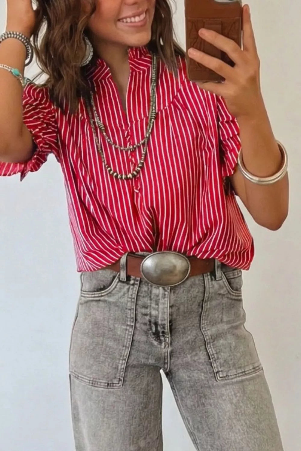 Striped ruffle-trim short sleeve button-front shirt