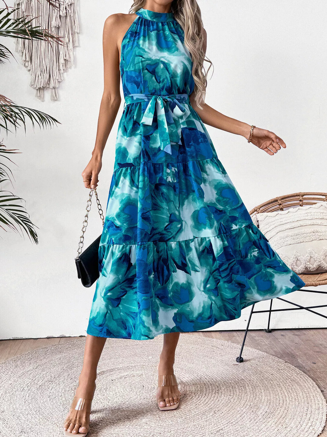 Watercolor floral halter midi dress with tiered skirt
