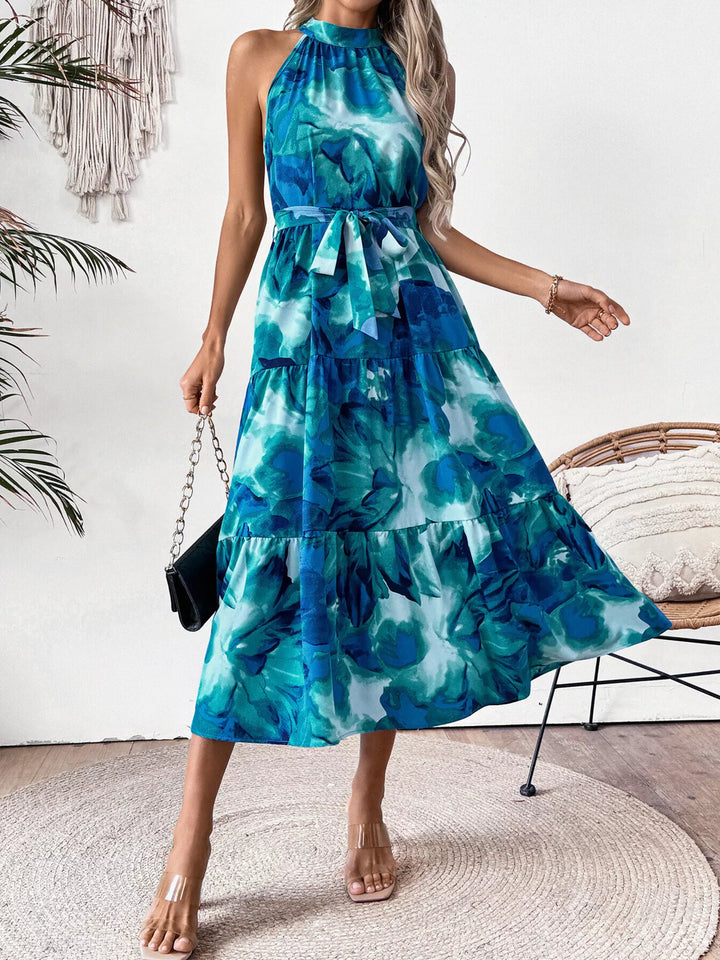 Watercolor floral halter midi dress with tiered skirt