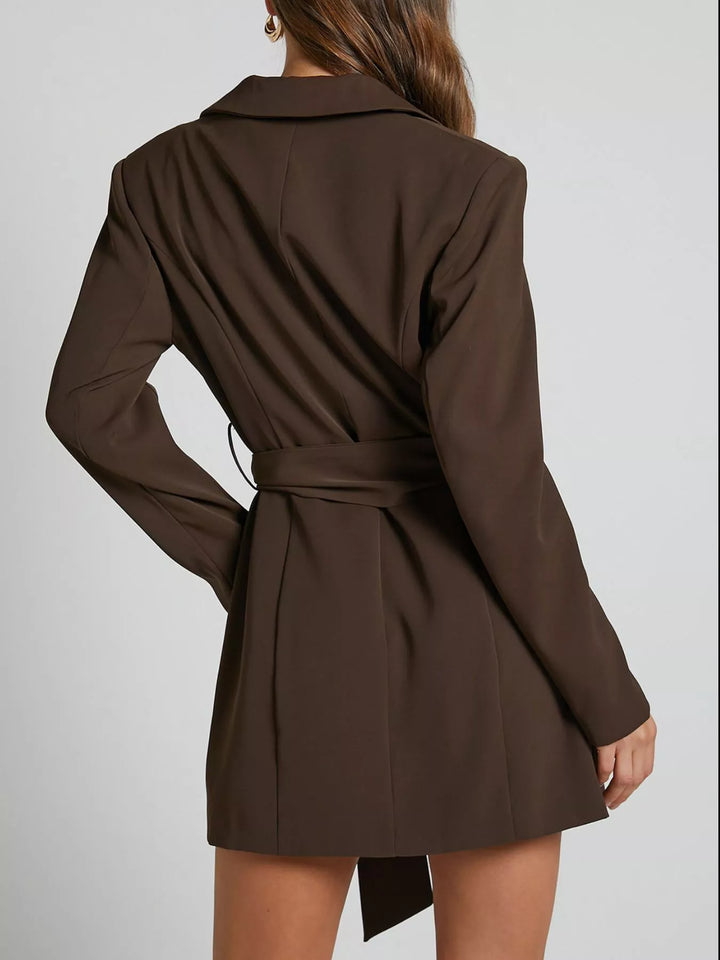 Tie-waist blazer dress with notch lapel and side slit
