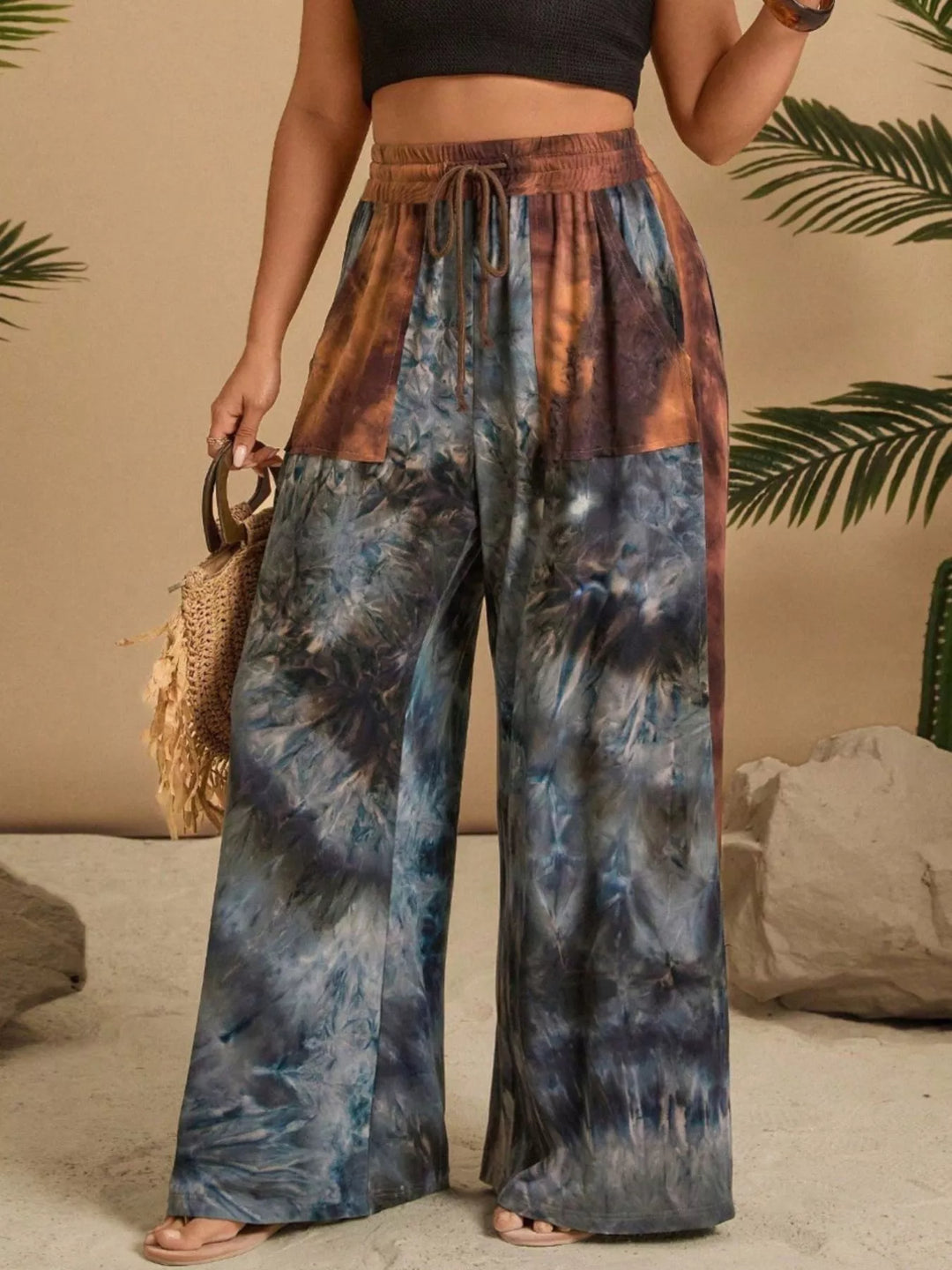Tie-dye wide-leg drawstring pants with side slit