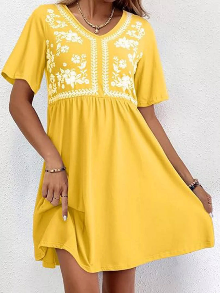 Yellow Floral embroidered v-neck babydoll mini dress